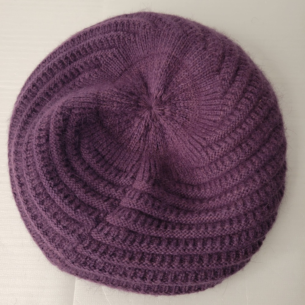 Angora Blend Beret Hat Women OS Purple Ribbed Knit Swirl Fuzzy Slouchy Beanie